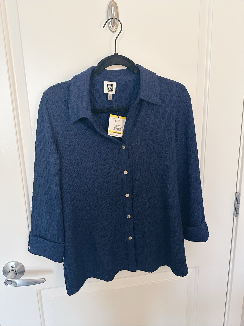 Anne Klein Navy Button-Down Textured Top